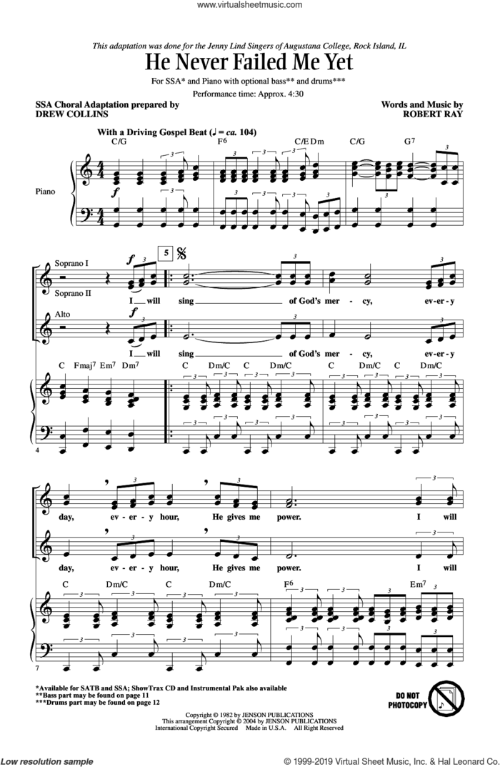 He Never Failed Me Yet (arr. Drew Collins) sheet music for choir (SSA: soprano, alto) by Robert Ray and Drew Collins, intermediate skill level