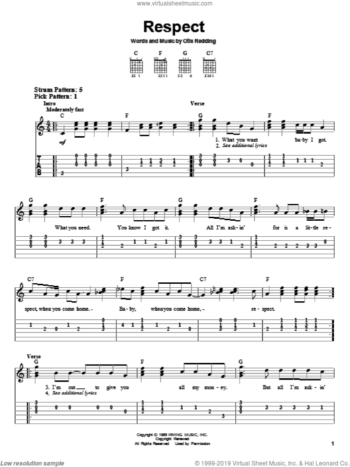 Respect sheet music for guitar solo (easy tablature) by Otis Redding and Aretha Franklin, easy guitar (easy tablature)
