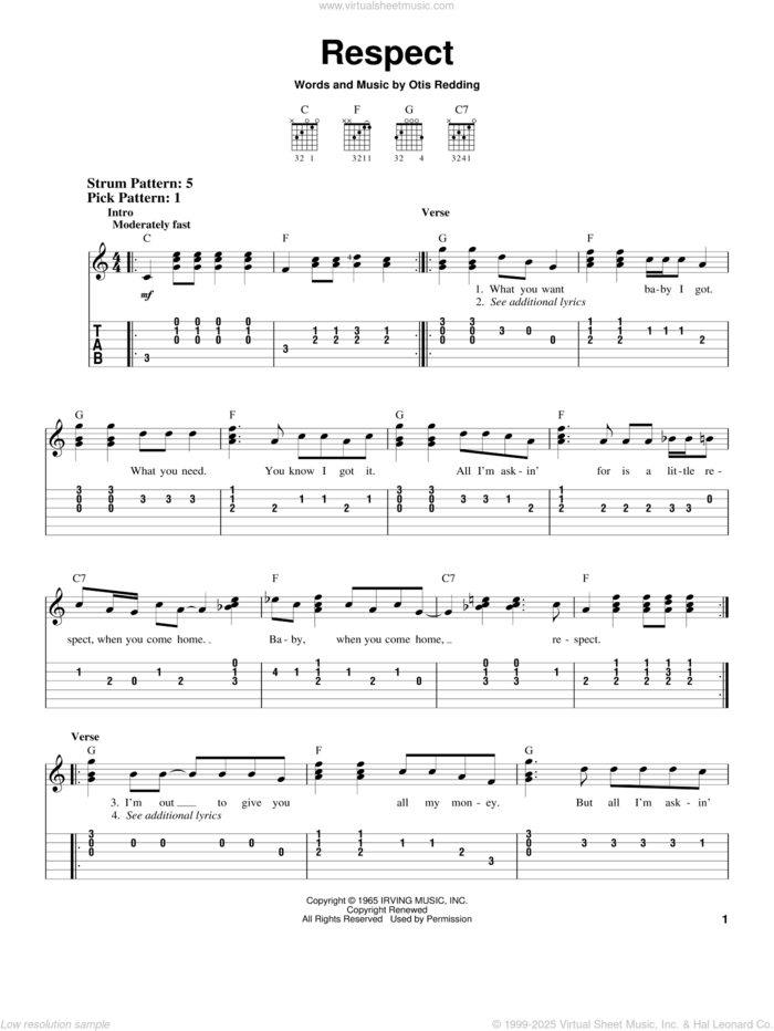 Respect sheet music for guitar solo (easy tablature) by Otis Redding and Aretha Franklin, easy guitar (easy tablature)