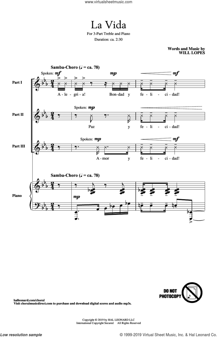 La Vida sheet music for choir (3-Part Treble) by Will Lopes, intermediate skill level