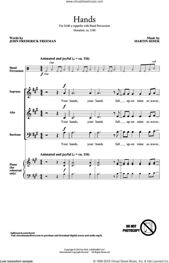 Hands sheet music for choir (SAB: soprano, alto, bass) by Martin Sedek and John Frederick Freeman, intermediate skill level