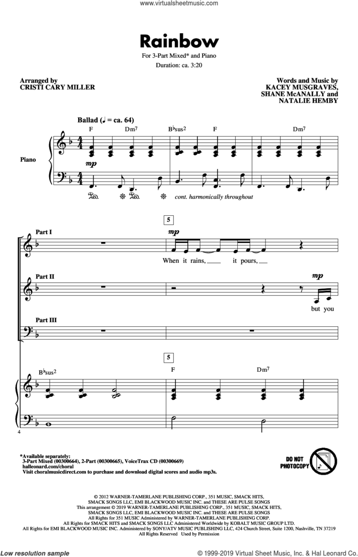Rainbow (arr. Cristi Cary Miller) sheet music for choir (3-Part Mixed) by Kacey Musgraves, Cristi Cary Miller, Natalie Hemby and Shane McAnally, intermediate skill level