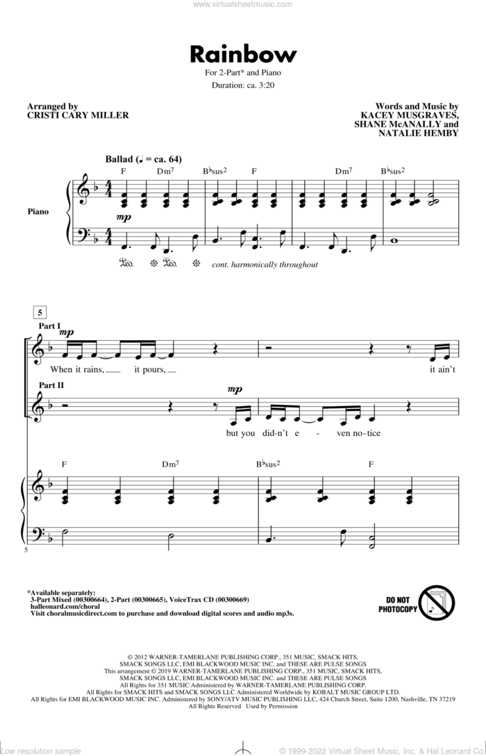 Rainbow (arr. Cristi Cary Miller) sheet music for choir (2-Part) by Kacey Musgraves, Cristi Cary Miller, Natalie Hemby and Shane McAnally, intermediate duet