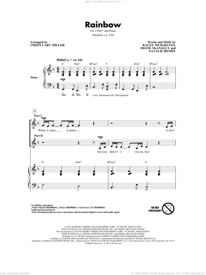 Rainbow (arr. Cristi Cary Miller) sheet music for choir (2-Part) by Kacey Musgraves, Cristi Cary Miller, Natalie Hemby and Shane McAnally, intermediate duet