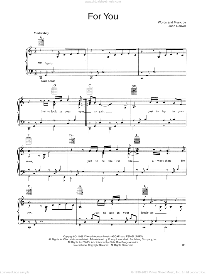 For You sheet music for voice, piano or guitar by John Denver, intermediate skill level
