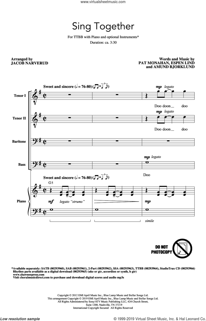 Sing Together (arr. Jacob Narverud) sheet music for choir (TTBB: tenor, bass) by Train, Jacob Narverud, Amund Bjorklund, Espen Lind and Pat Monahan, intermediate skill level