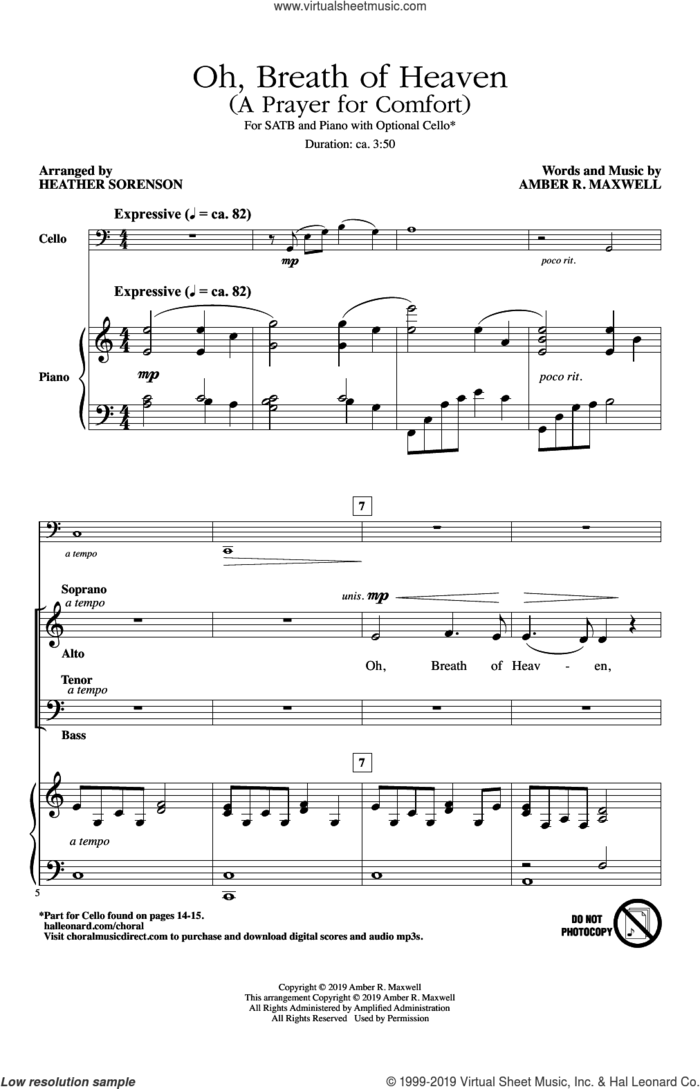 Oh, Breath Of Heaven (A Prayer For Comfort) (arr. Heather Sorenson) sheet music for choir (SATB: soprano, alto, tenor, bass) by Amber R. Maxwell and Heather Sorenson, intermediate skill level