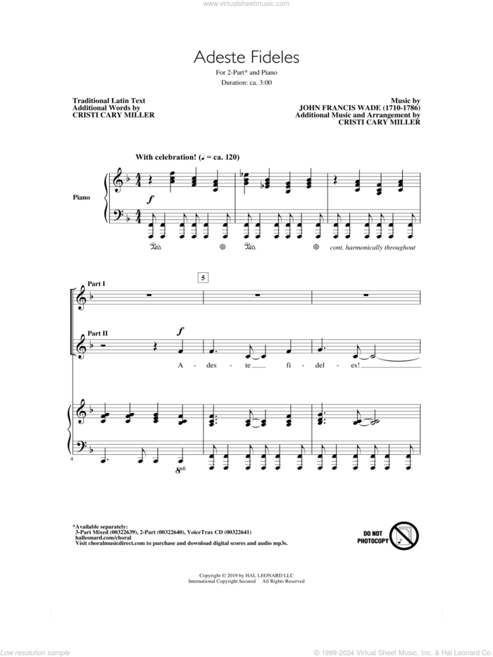 Adeste Fideles (arr. Cristi Cary Miller) sheet music for choir (2-Part) by John Francis Wade, Cristi Cary Miller and Miscellaneous, intermediate duet