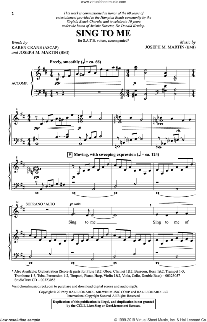 Sing To Me sheet music for choir (SATB: soprano, alto, tenor, bass) by Joseph M. Martin, Karen Crane and Karen Crane and Joseph M. Martin, intermediate skill level