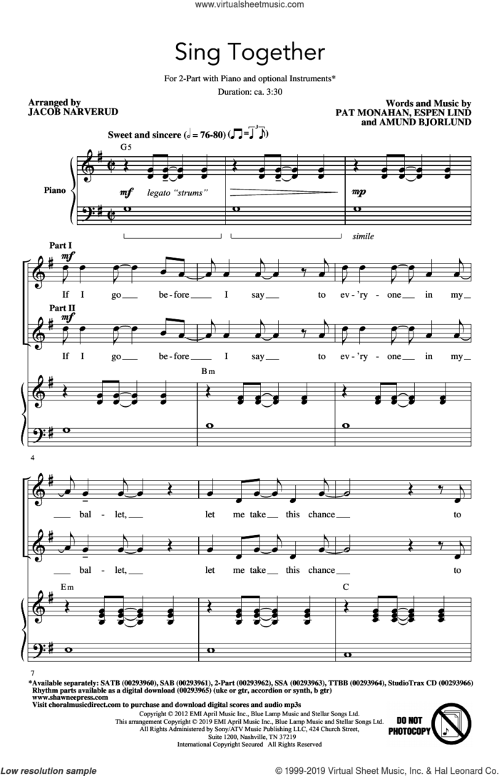 Sing Together (arr. Jacob Narverud) sheet music for choir (2-Part) by Train, Jacob Narverud, Amund Bjorklund, Espen Lind and Pat Monahan, intermediate duet