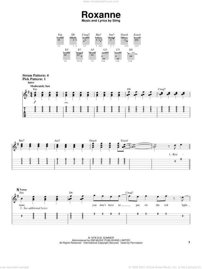 Roxanne sheet music for guitar solo (chords) by The Police and Sting, easy guitar (chords)