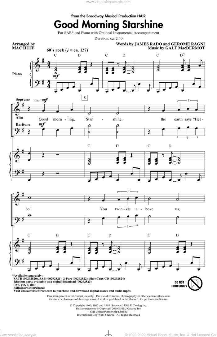 Good Morning Starshine (from Hair) (arr. Mac Huff) sheet music for choir (SAB: soprano, alto, bass) by Galt MacDermot, Mac Huff, Gerome Ragni and James Rado, intermediate skill level