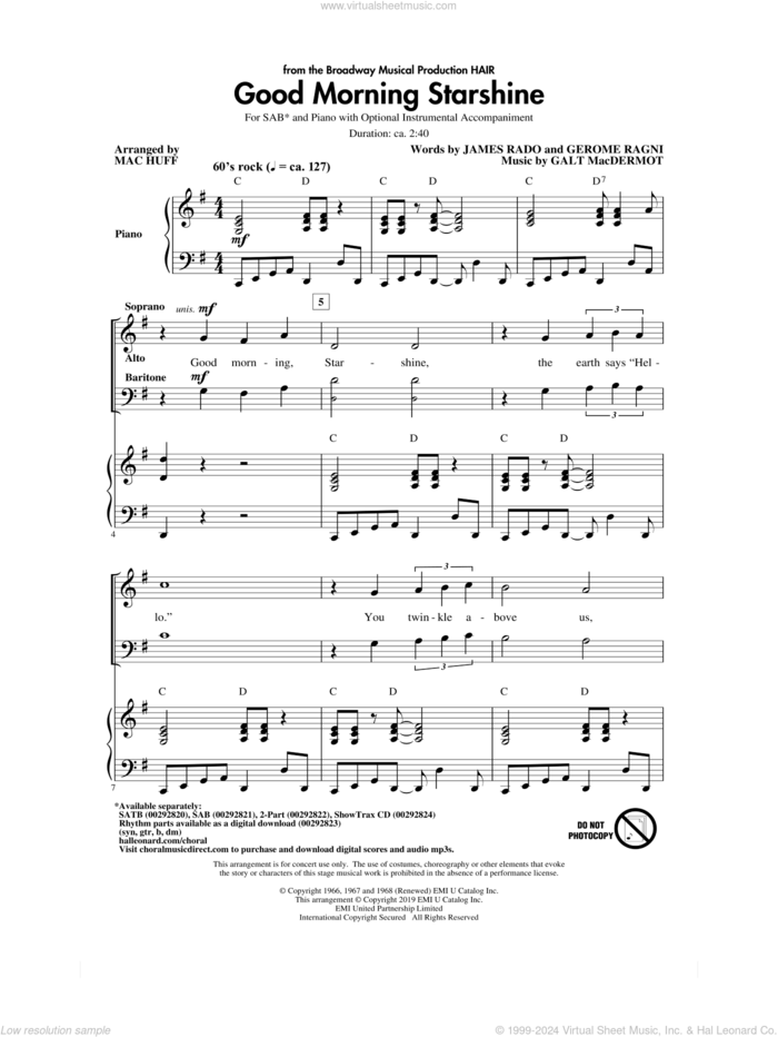 Good Morning Starshine (from Hair) (arr. Mac Huff) sheet music for choir (SAB: soprano, alto, bass) by Galt MacDermot, Mac Huff, Gerome Ragni and James Rado, intermediate skill level