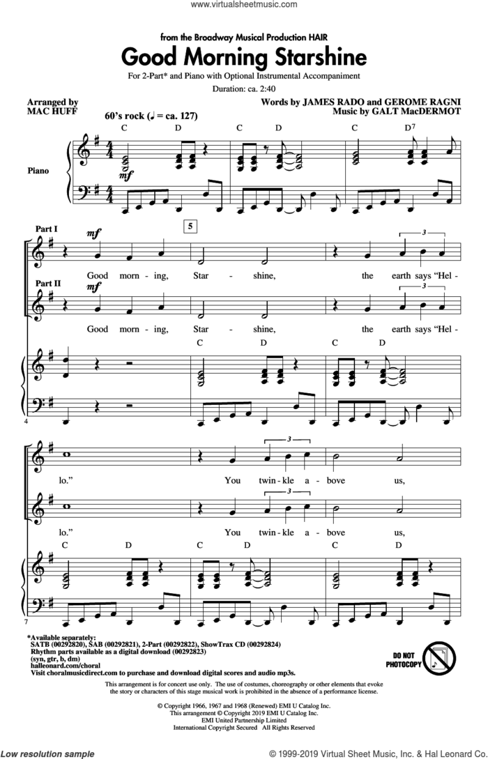 Good Morning Starshine (from Hair) (arr. Mac Huff) sheet music for choir (2-Part) by Galt MacDermot, Mac Huff, Gerome Ragni and James Rado, intermediate duet