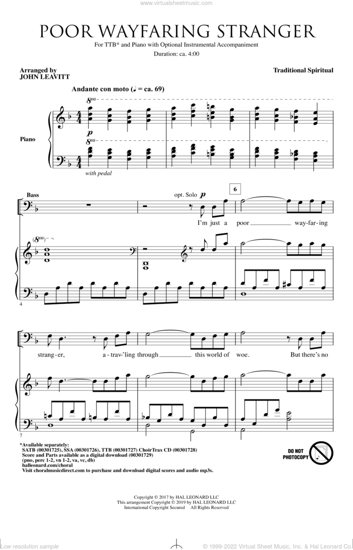 Poor Wayfaring Stranger (arr. John Leavitt) sheet music for choir (TTBB: tenor, bass)  and John Leavitt, intermediate skill level