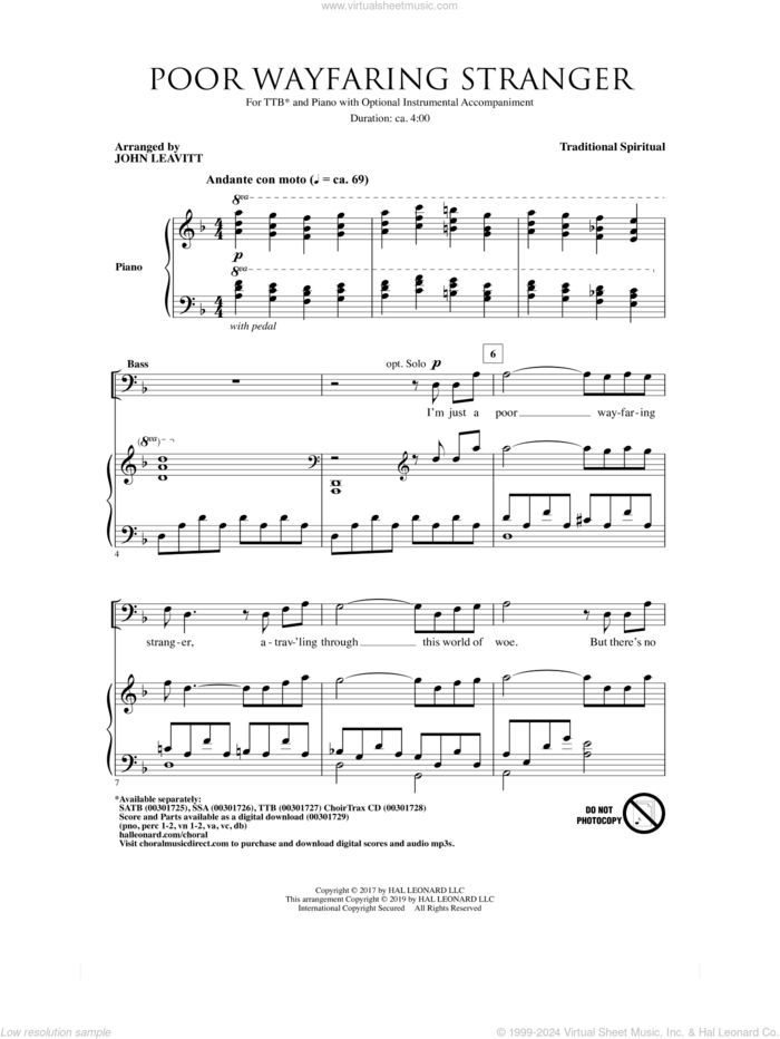 Poor Wayfaring Stranger (arr. John Leavitt) sheet music for choir (TTBB: tenor, bass)  and John Leavitt, intermediate skill level