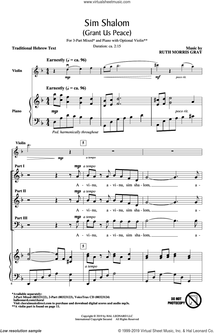 Sim Shalom (Grant Us Peace) sheet music for choir (3-Part Mixed) by Ruth Morris Gray and Traditional Hebrew Text, intermediate skill level