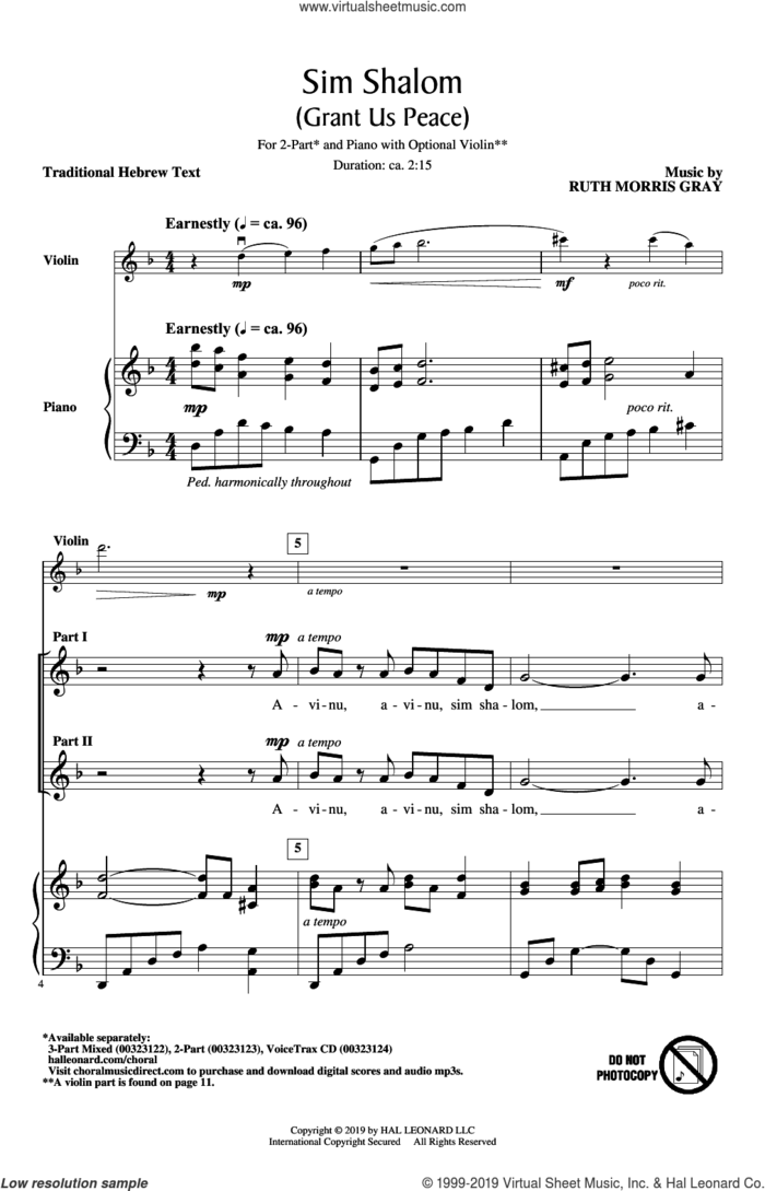 Sim Shalom (Grant Us Peace) sheet music for choir (2-Part) by Ruth Morris Gray and Traditional Hebrew Text, intermediate duet