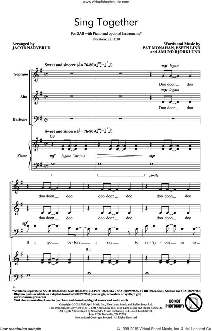 Sing Together (arr. Jacob Narverud) sheet music for choir (SAB: soprano, alto, bass) by Train, Jacob Narverud, Amund Bjorklund, Espen Lind and Pat Monahan, intermediate skill level