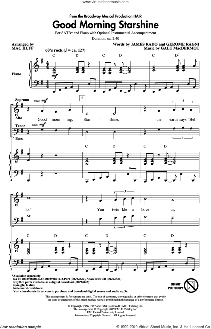 Good Morning Starshine (from Hair) (arr. Mac Huff) sheet music for choir (SATB: soprano, alto, tenor, bass) by Galt MacDermot, Mac Huff, Gerome Ragni and James Rado, intermediate skill level