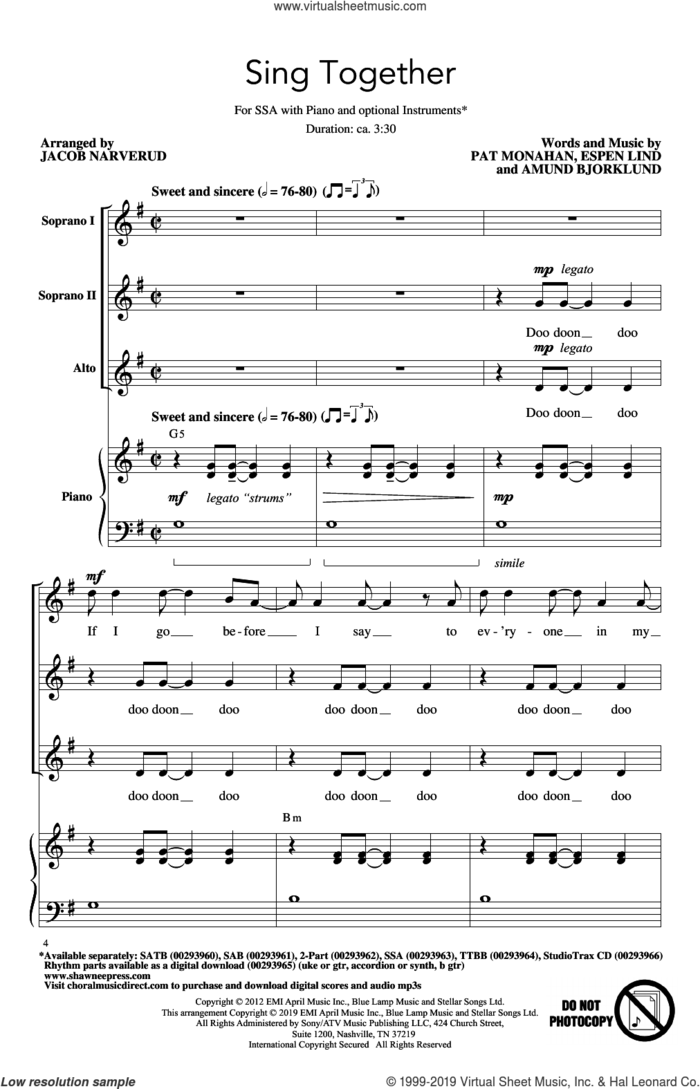Sing Together (arr. Jacob Narverud) sheet music for choir (SSA: soprano, alto) by Train, Jacob Narverud, Amund Bjorklund, Espen Lind and Pat Monahan, intermediate skill level