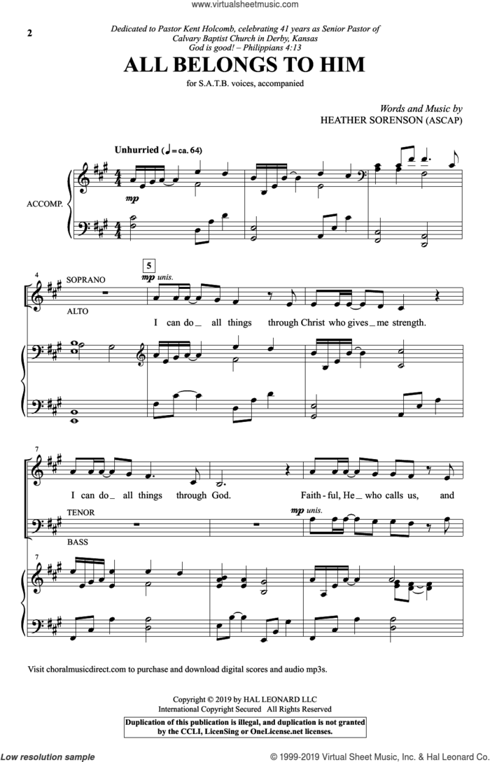 All Belongs To Him sheet music for choir (SATB: soprano, alto, tenor, bass) by Heather Sorenson, intermediate skill level