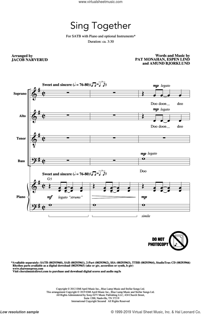 Sing Together (arr. Jacob Narverud) sheet music for choir (SATB: soprano, alto, tenor, bass) by Train, Jacob Narverud, Amund Bjorklund, Espen Lind and Pat Monahan, intermediate skill level