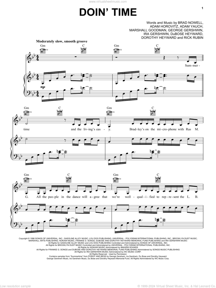 Doin' Time sheet music for voice, piano or guitar by Lana Del Rey, Sublime, Brad Nowell, Dorothy Hayward, DuBois Hayward, George Gershwin, Ira Gershwin and Marshall Goodman, intermediate skill level
