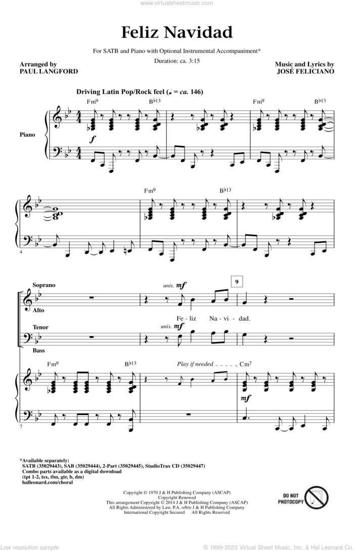 Feliz Navidad (arr. Paul Langford) sheet music for choir (SATB: soprano, alto, tenor, bass) by Jose Feliciano and Paul Langford, intermediate skill level