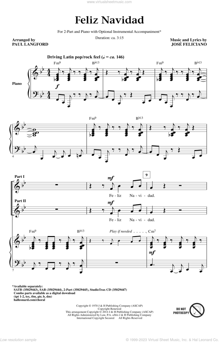 Feliz Navidad (arr. Paul Langford) sheet music for choir (2-Part) by Jose Feliciano and Paul Langford, intermediate duet