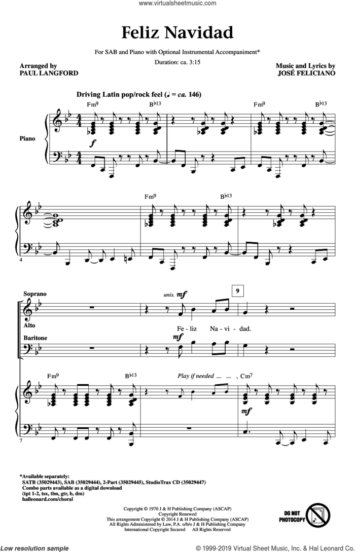 Feliz Navidad (arr. Paul Langford) sheet music for choir (SAB: soprano, alto, bass) by Jose Feliciano and Paul Langford, intermediate skill level