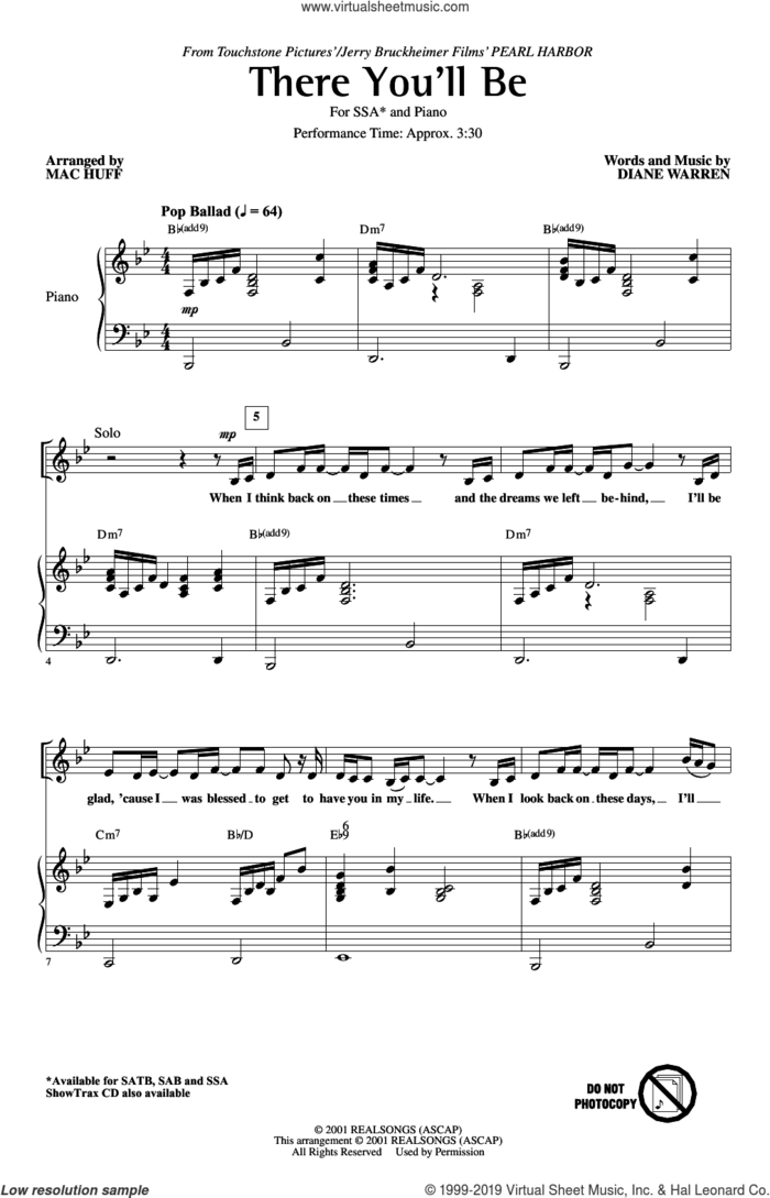 There You'll Be (from Pearl Harbor) (arr. Mac Huff) sheet music for choir (SSA: soprano, alto) by Faith Hill, Mac Huff and Diane Warren, intermediate skill level