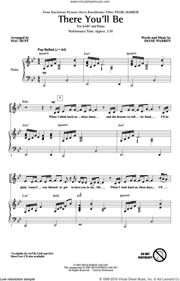 There You'll Be (from Pearl Harbor) (arr. Mac Huff) sheet music for choir (SAB: soprano, alto, bass) by Faith Hill, Mac Huff and Diane Warren, intermediate skill level