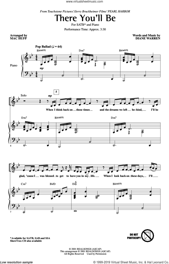 There You'll Be (from Pearl Harbor) (arr. Mac Huff) sheet music for choir (SATB: soprano, alto, tenor, bass) by Faith Hill, Mac Huff and Diane Warren, intermediate skill level
