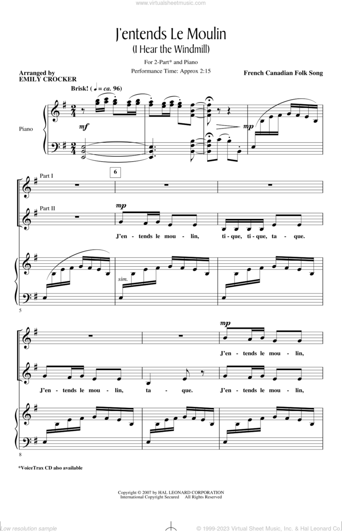 J'entends Le Moulin (I Hear The Wind Mill) (arr. Emily Crocker) sheet music for choir (2-Part) by French Canadian Folk Song and Emily Crocker, intermediate duet