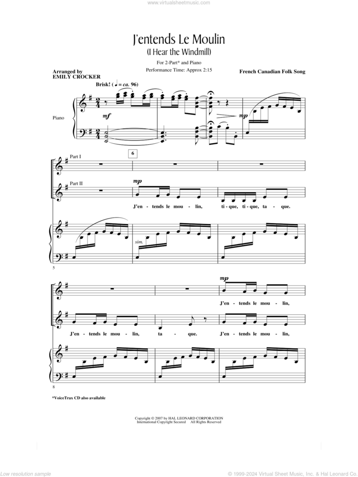 J'entends Le Moulin (I Hear The Wind Mill) (arr. Emily Crocker) sheet music for choir (2-Part) by French Canadian Folk Song and Emily Crocker, intermediate duet