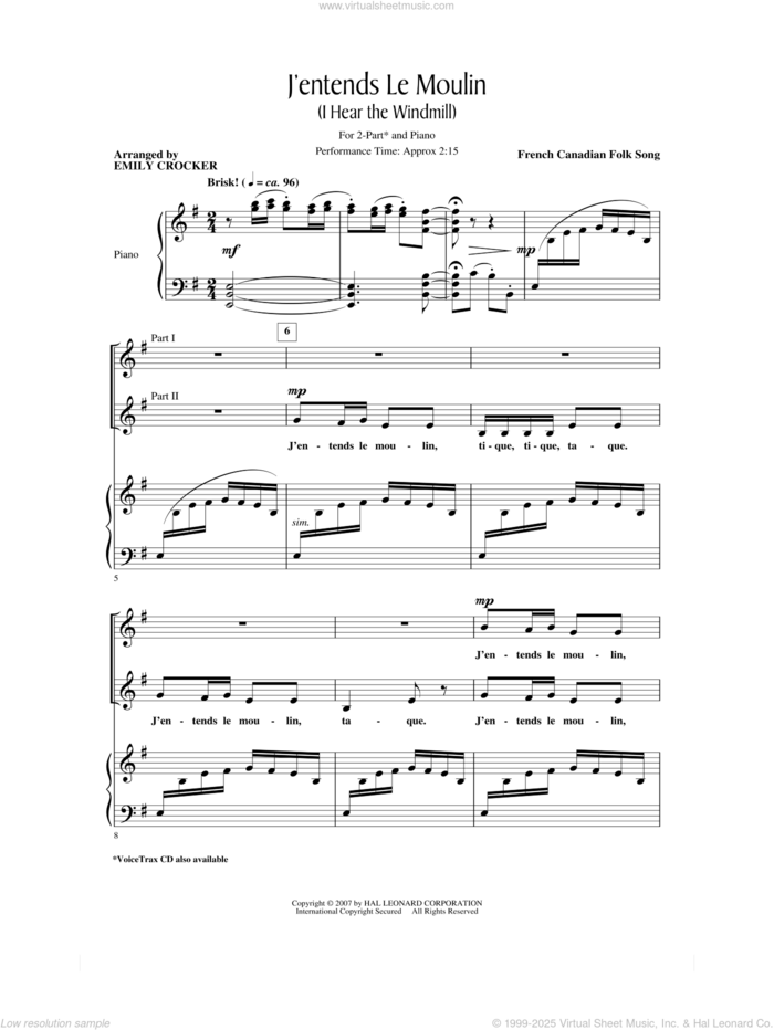 First page preview J'entends Le Moulin (I Hear The Wind Mill) (arr. Emily Crocker) sheet music for choir (2-Part) by French Canadian Folk Song and Emily Crocker, intermediate duet
