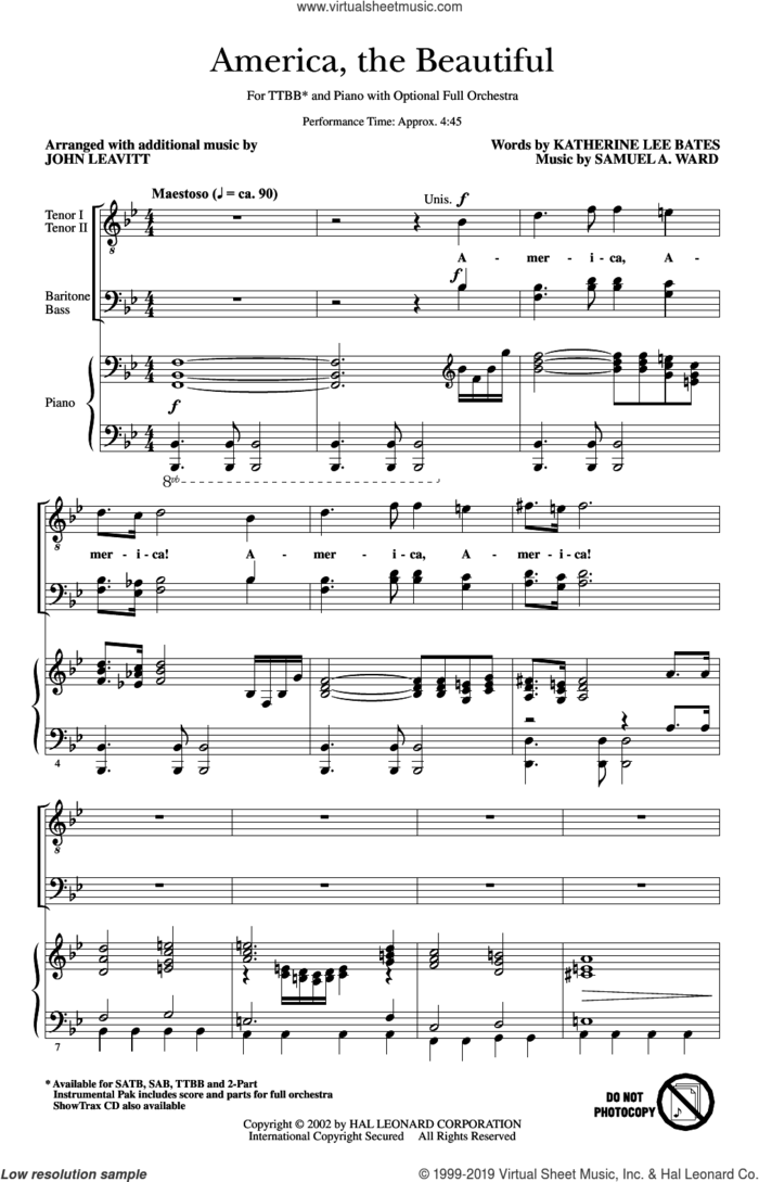 America, The Beautiful (arr. John Leavitt) sheet music for choir (TTBB: tenor, bass) by Samuel Augustus Ward, John Leavitt and Katherine Lee Bates, intermediate skill level