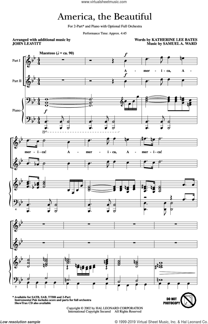 America, The Beautiful (arr. John Leavitt) sheet music for choir (2-Part) by Samuel Augustus Ward, John Leavitt and Katherine Lee Bates, intermediate duet