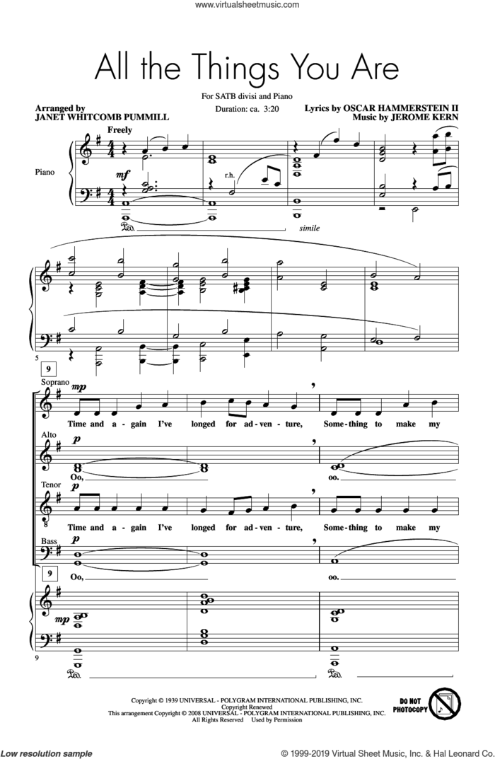 All The Things You Are (arr. Janet Whitcomb Pummill) sheet music for choir (SATB: soprano, alto, tenor, bass) by Oscar II Hammerstein, Janet Whitcomb Pummill and Jerome Kern, intermediate skill level