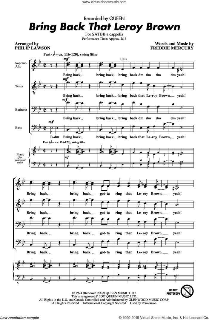Bring Back That Leroy Brown (arr. Philip Lawson) sheet music for choir (SATB: soprano, alto, tenor, bass) by Queen, Philip Lawson and Freddie Mercury, intermediate skill level