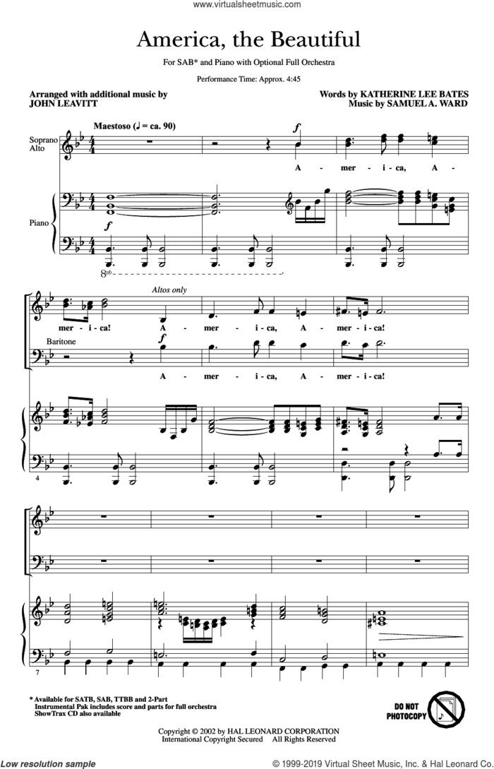 America, The Beautiful (arr. John Leavitt) sheet music for choir (SAB: soprano, alto, bass) by Samuel Augustus Ward, John Leavitt and Katherine Lee Bates, intermediate skill level