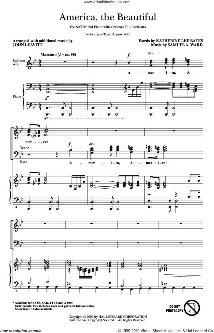 America, The Beautiful (arr. John Leavitt) sheet music for choir (SATB: soprano, alto, tenor, bass) by Samuel Augustus Ward, John Leavitt and Katherine Lee Bates, intermediate skill level