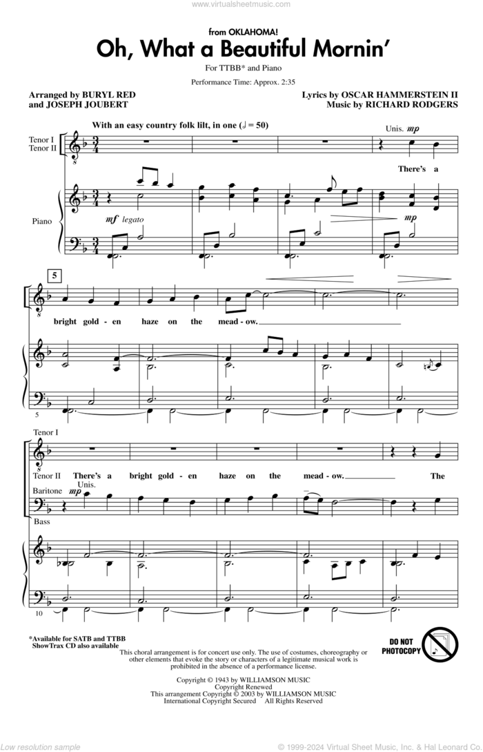 Oh, What A Beautiful Mornin' (from Oklahoma) (arr. Buryl Red and Joseph Joubert) sheet music for choir (TTBB: tenor, bass) by Rodgers & Hammerstein, Buryl Red, Joseph Joubert, Oscar II Hammerstein and Richard Rodgers, intermediate skill level