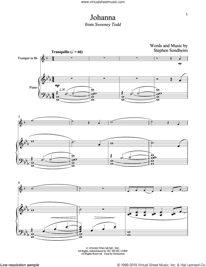 Johanna (from Sweeney Todd) sheet music for trumpet and piano by Stephen Sondheim, intermediate skill level