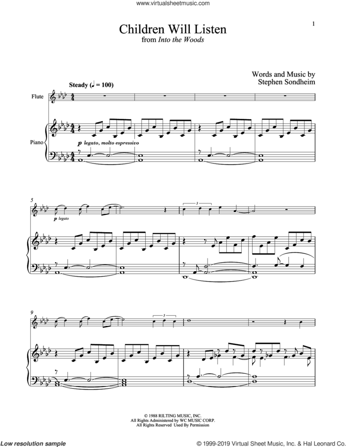 Children Will Listen (from Into The Woods) sheet music for flute and piano by Stephen Sondheim, intermediate skill level