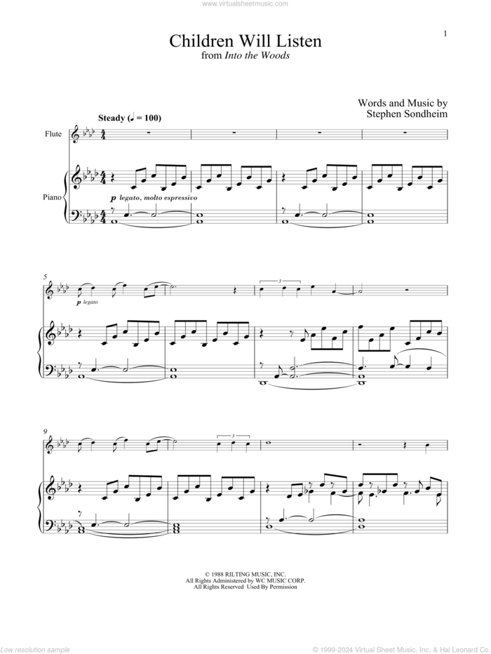 Children Will Listen (from Into The Woods) sheet music for flute and piano by Stephen Sondheim, intermediate skill level