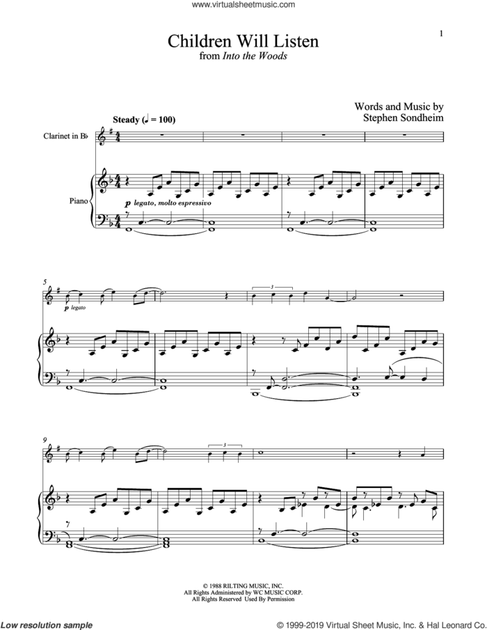 Children Will Listen (from Into The Woods) sheet music for clarinet and piano by Stephen Sondheim, intermediate skill level