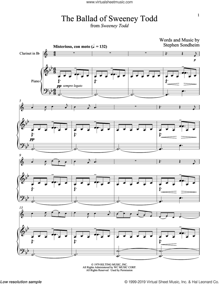 The Ballad Of Sweeney Todd (from Sweeney Todd) sheet music for clarinet and piano by Stephen Sondheim, intermediate skill level