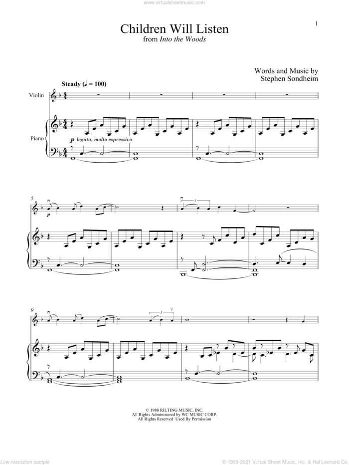 Children Will Listen (from Into The Woods) sheet music for violin and piano by Stephen Sondheim, intermediate skill level
